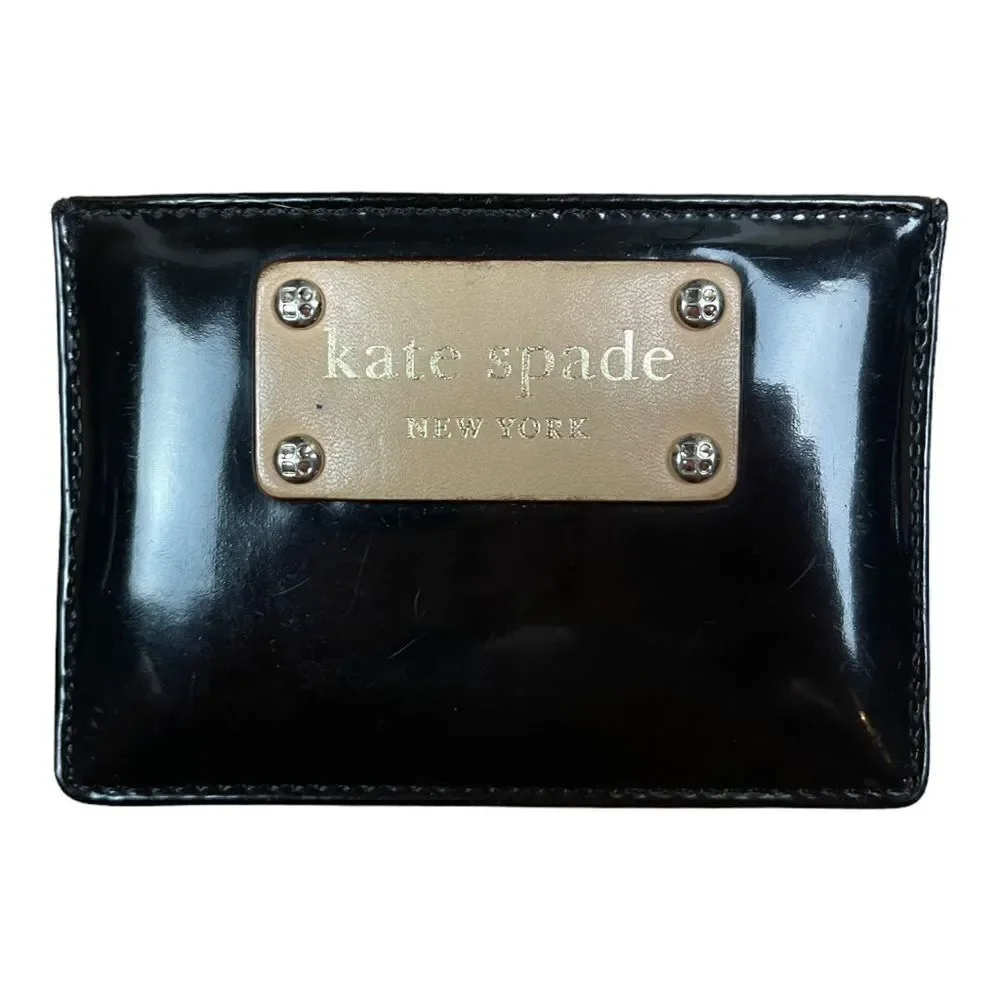 Kate Spade Cardholder Leather Card Case Black Patent Leather ID Holder Black Tan